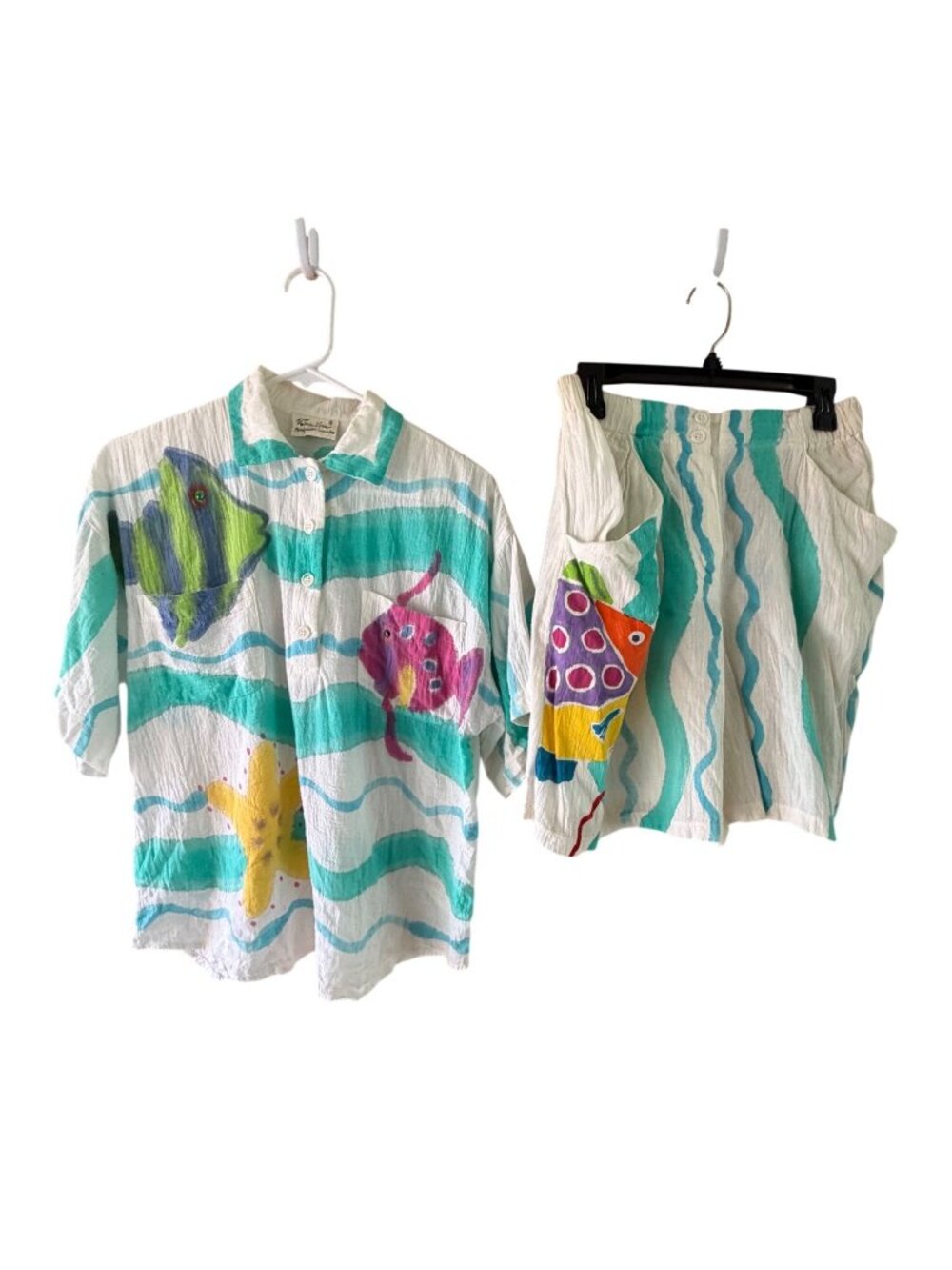 Valerie Lynn Womens Hand-painted Fish Theme Short and Top Set Size S/M Nautical